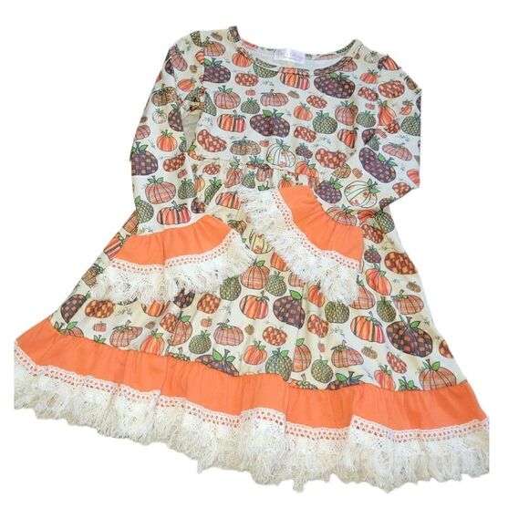 Girls Fall Pumpkin Thanksgiving Halloween Longsleeve Dress with Fringe Ruffle 3T - Picture 2 of 9